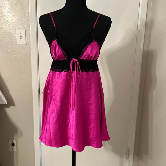 Victoria's Secret Other - Victoria's Secret Fuchsia Satin Chemise with Black Lace Trim
